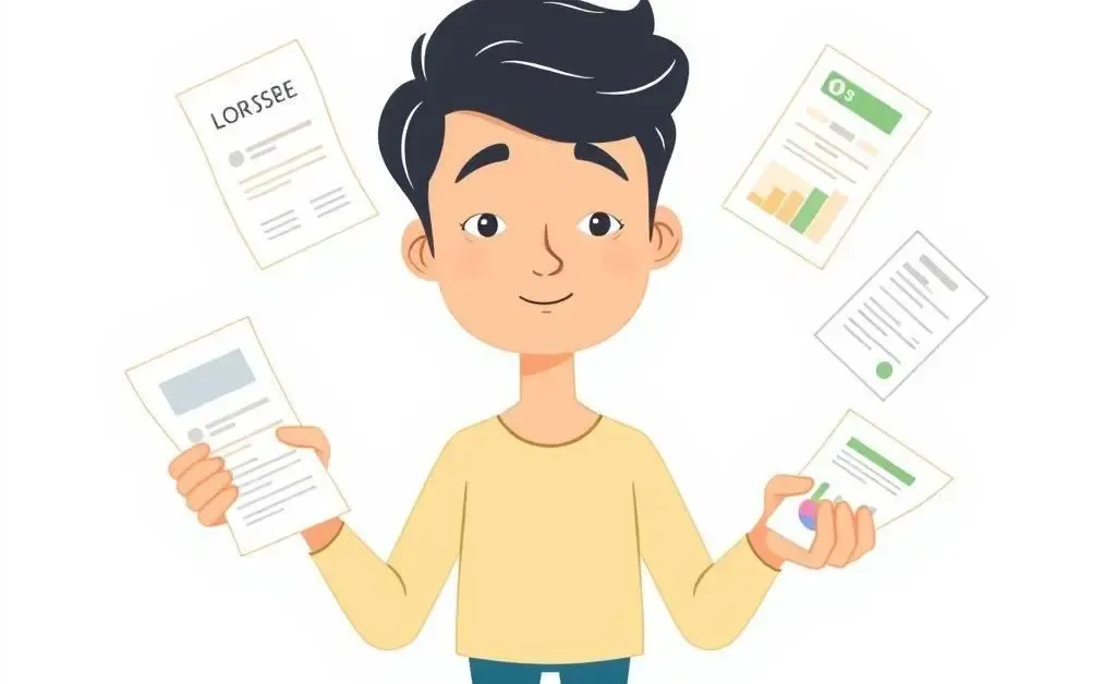 A minimalist cartoon of a person juggling car insurance bills and budgeting tools with a calm expression.