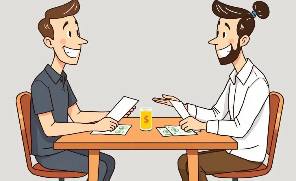 Two people discussing finances happily at a table.