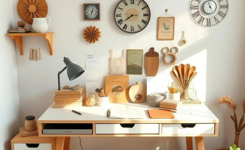 A simple desk setup with thrifted items, showing a clean and organized space.