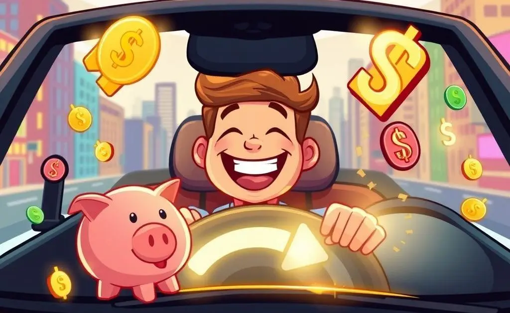 Illustration of a joyful driver surrounded by money-saving icons like a piggy bank and discount tags.