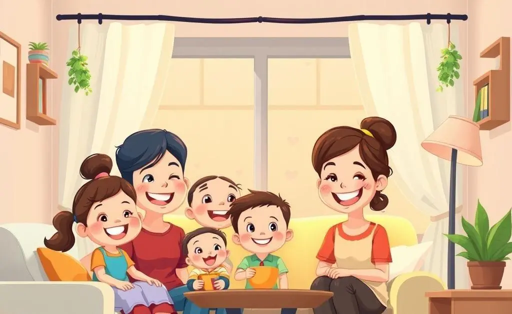 Cartoon family looking happy and relaxed in their budget-friendly home