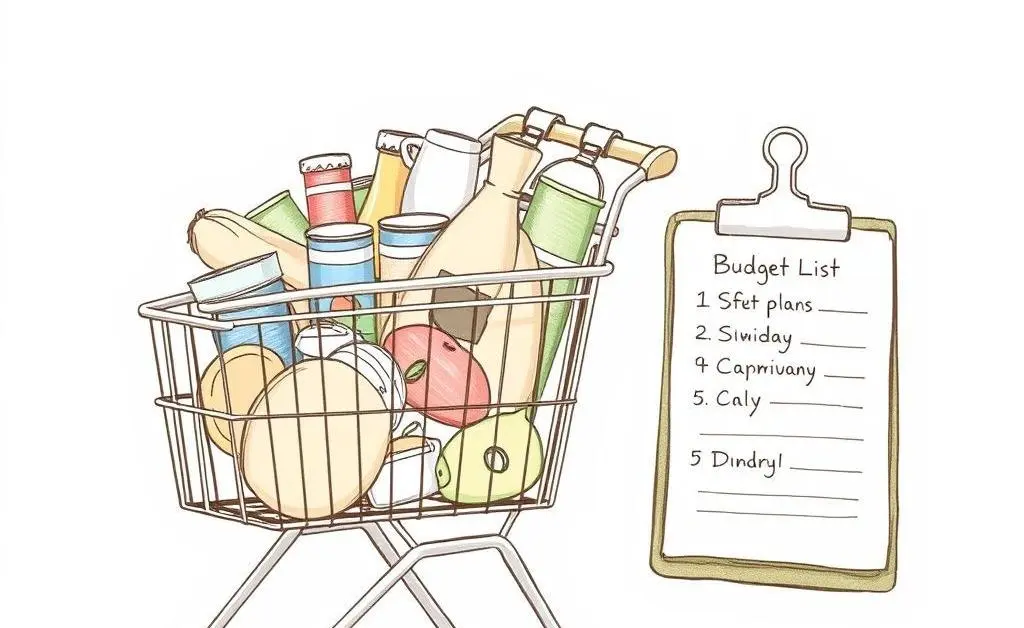 A shopping cart filled with essential groceries and a budget list.