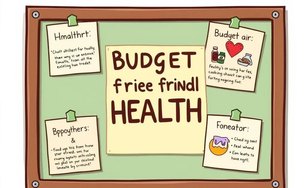 A cartoon-style image of budget-friendly health tips displayed on a bulletin board.