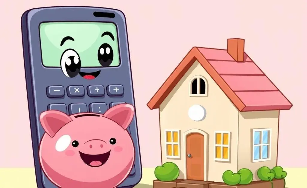 Calculator, piggy bank, and small house representing budgeting