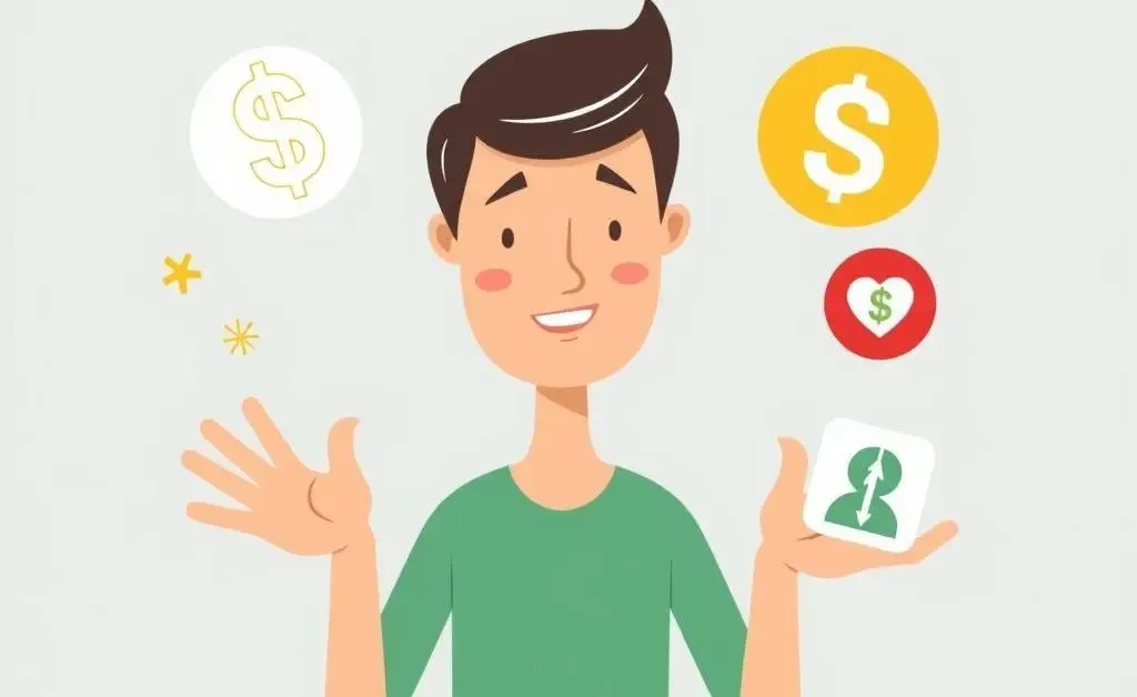 Person balancing budget and insurance icons cartoon