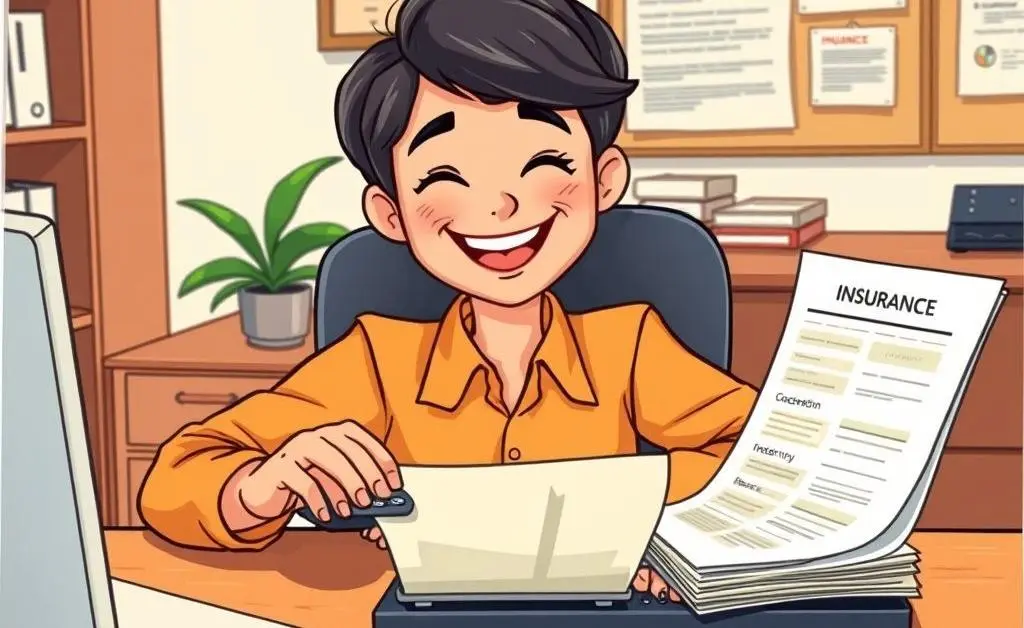 A hand-drawn image of a person happily managing their finances with a calculator and insurance papers on a desk.