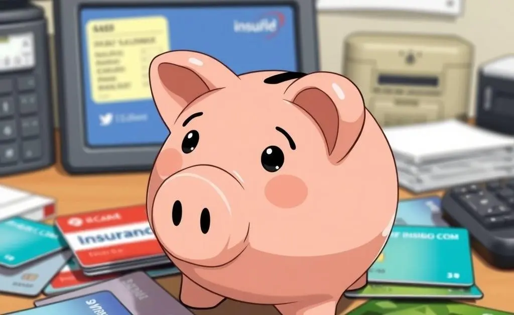 Piggy bank and various insurance cards scattered around it on a desktop.