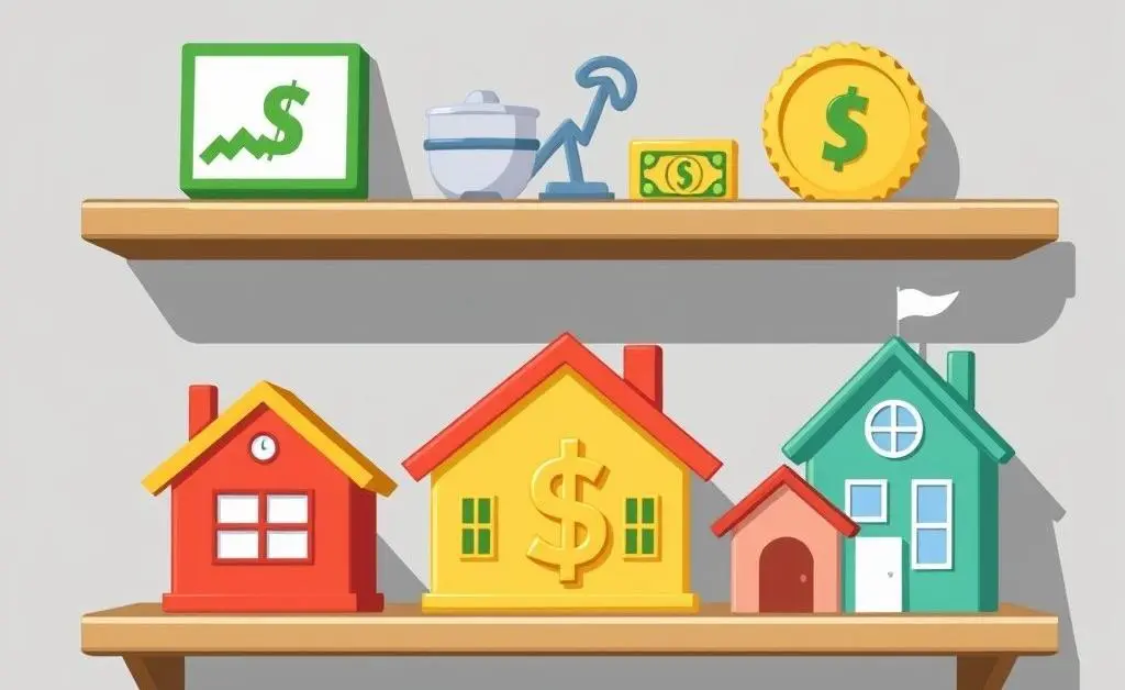 Cartoon image of different investment options like stocks, bonds, and real estate, represented as icons on a shelf.
