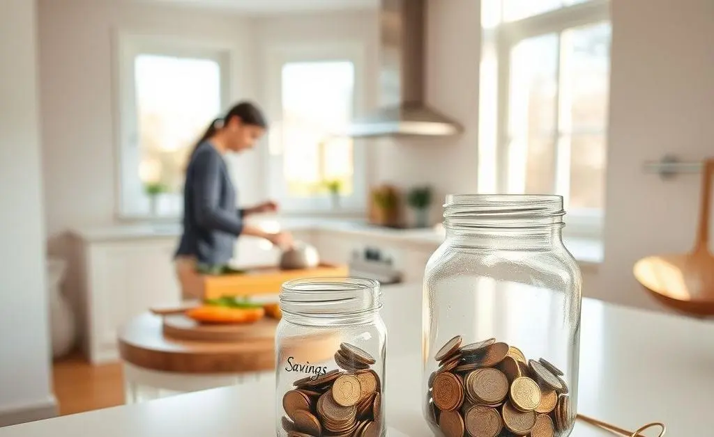 A minimalist kitchen with meal prepping, a jar of coins labeled 'savings', and a shopping list