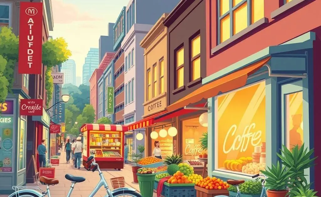 A cartoon-style cityscape with symbols of budget-friendly living like bicycles, fresh produce stalls, and a coffee shop.