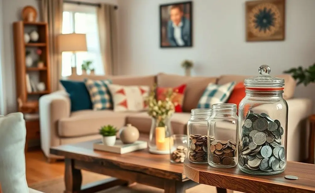 Living room with budget-friendly items and savings jars