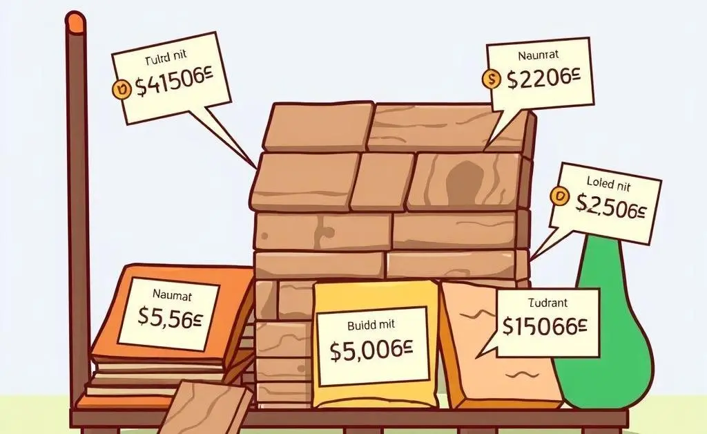 Cartoon-style image of building materials with price tags