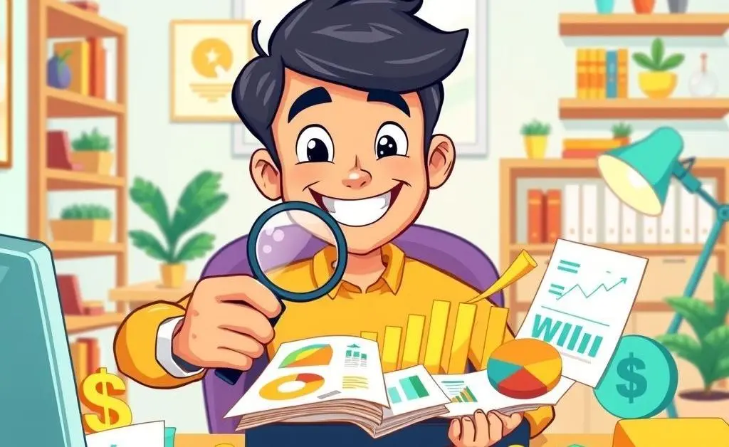Person organizing a budget-friendly investment portfolio in a cartoon style.