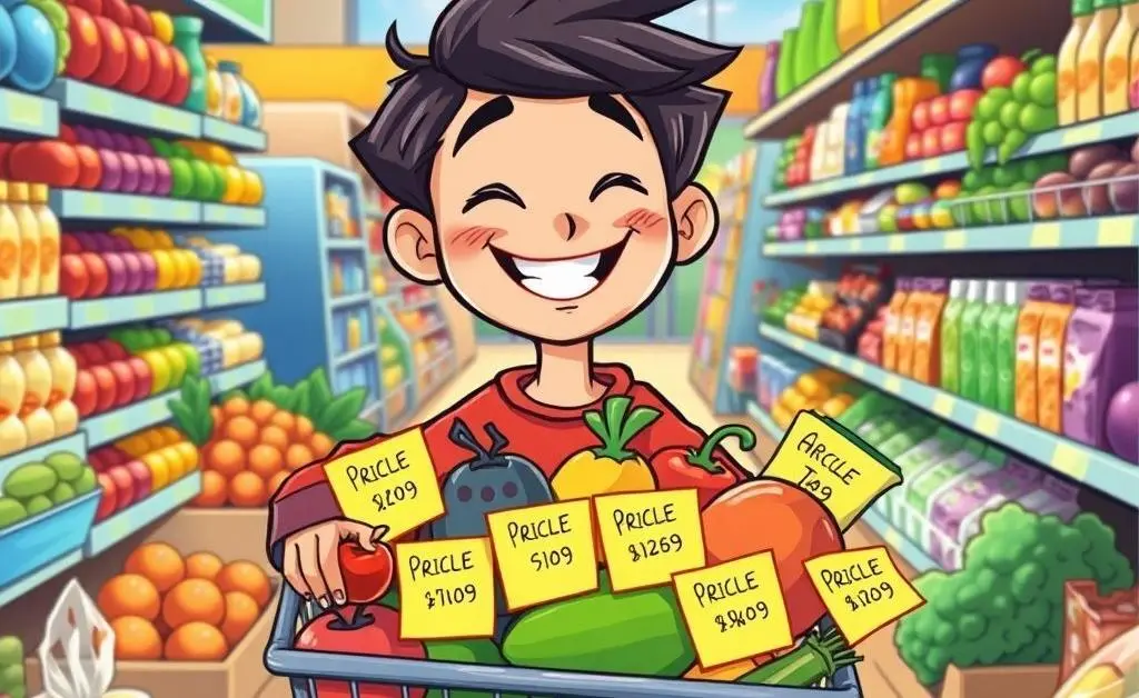 Person grocery shopping with budget-conscious sticky notes