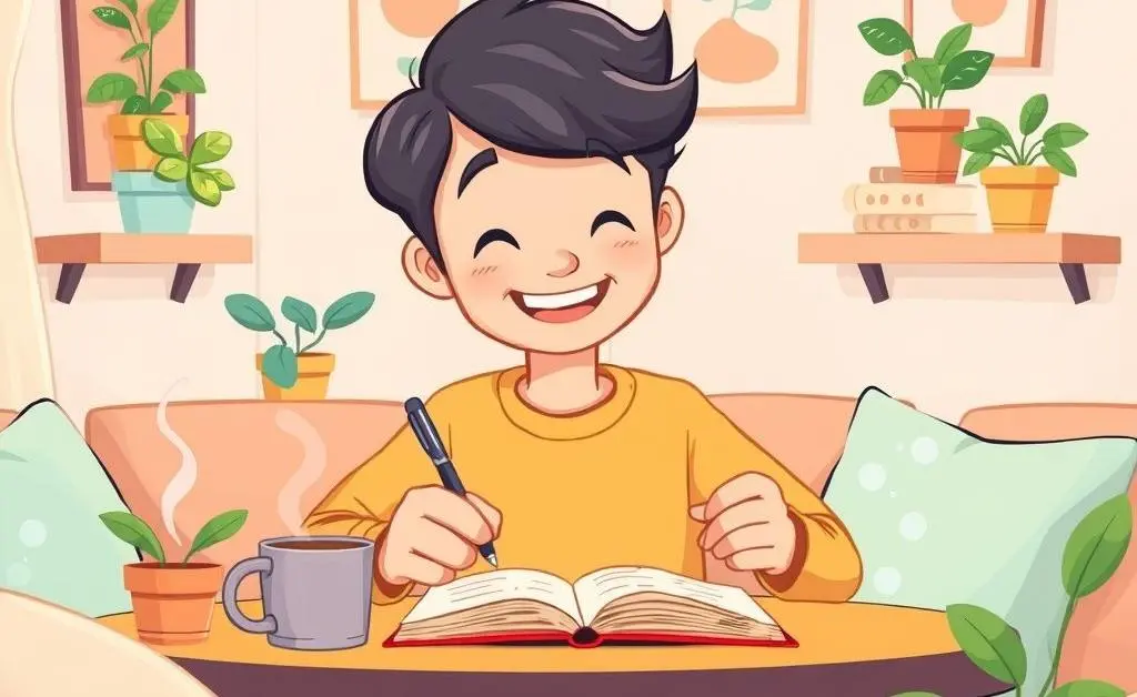 A person writing in a budget journal with plants and a coffee mug.