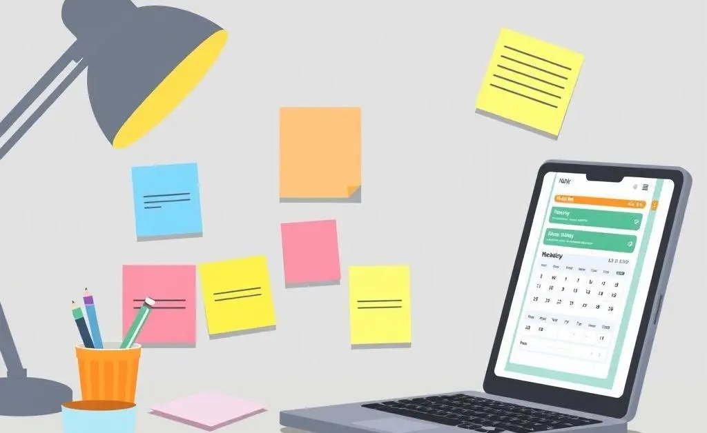 Illustration of a budget planning desk with colorful sticky notes
