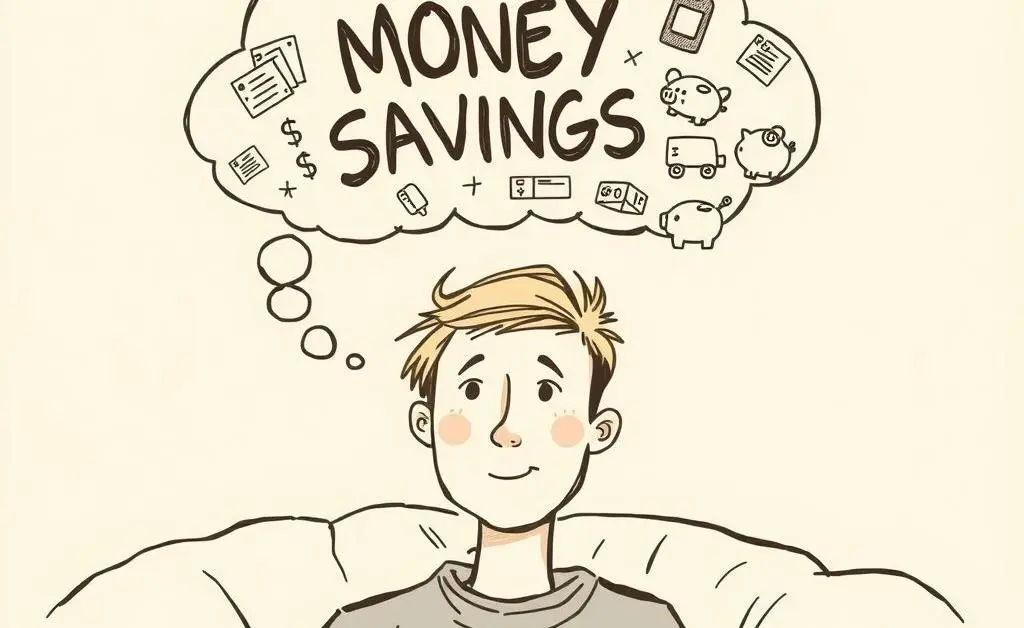A person with a thought bubble containing money-saving tips.