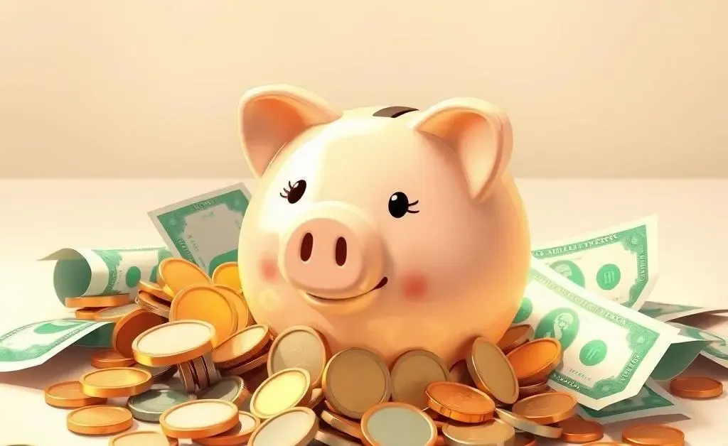 Illustration of a piggy bank with various coins and dollar bills around it
