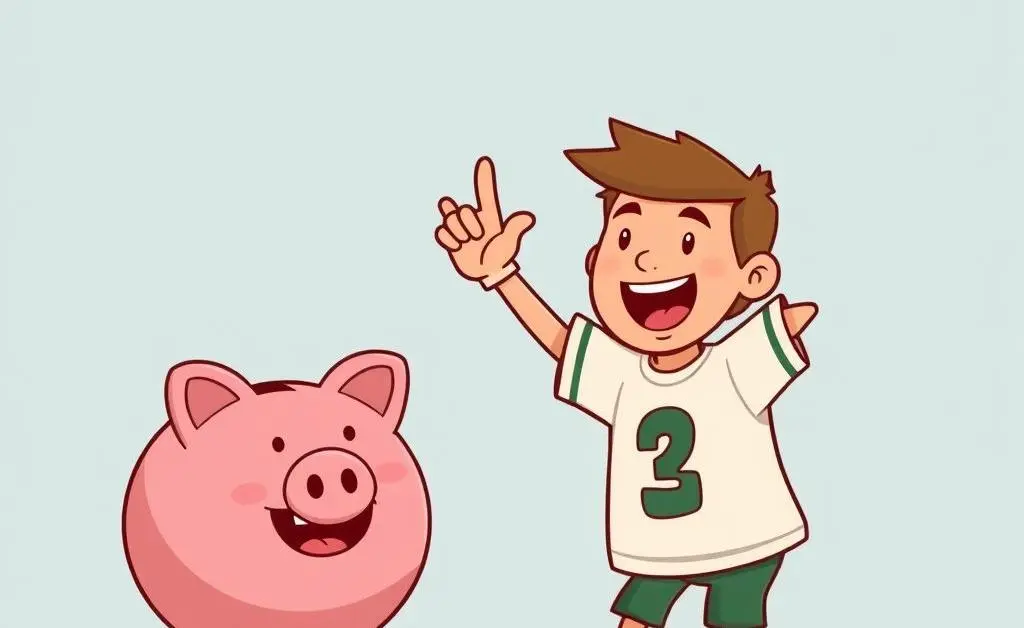 A person doing a touchdown dance next to a piggy bank.