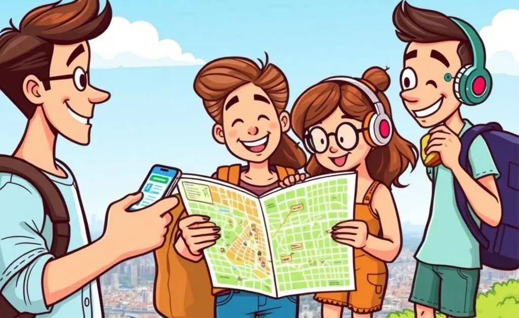 Travelers using apps and maps to plan budget trips