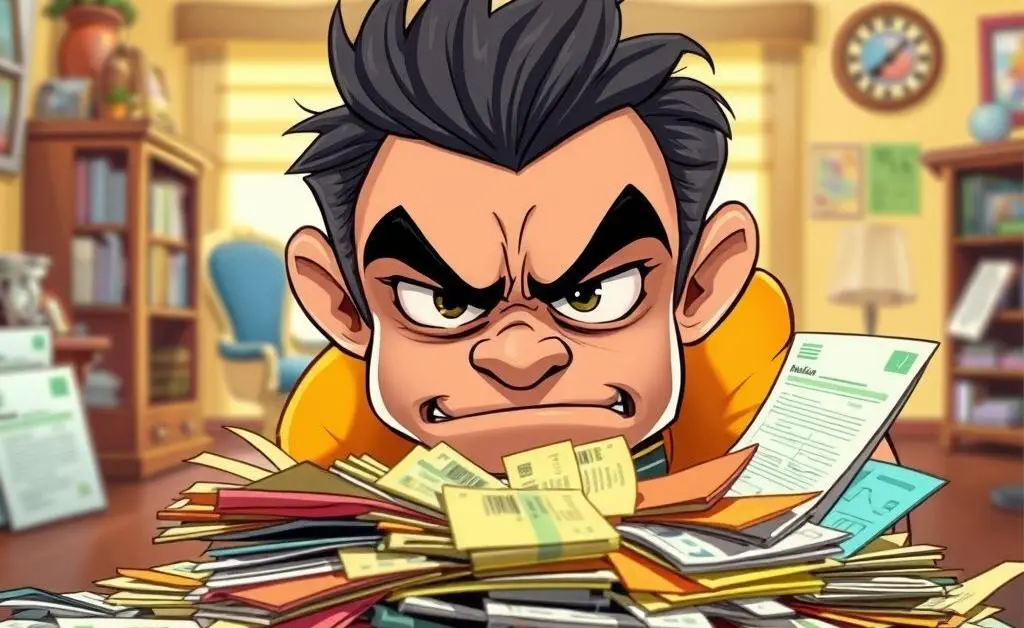 A cartoon person looking frustrated at a pile of bills and financial documents