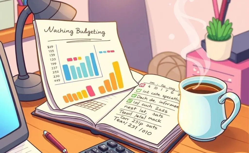 Cartoon-style desk with a budget planner and a steaming cup of tea.