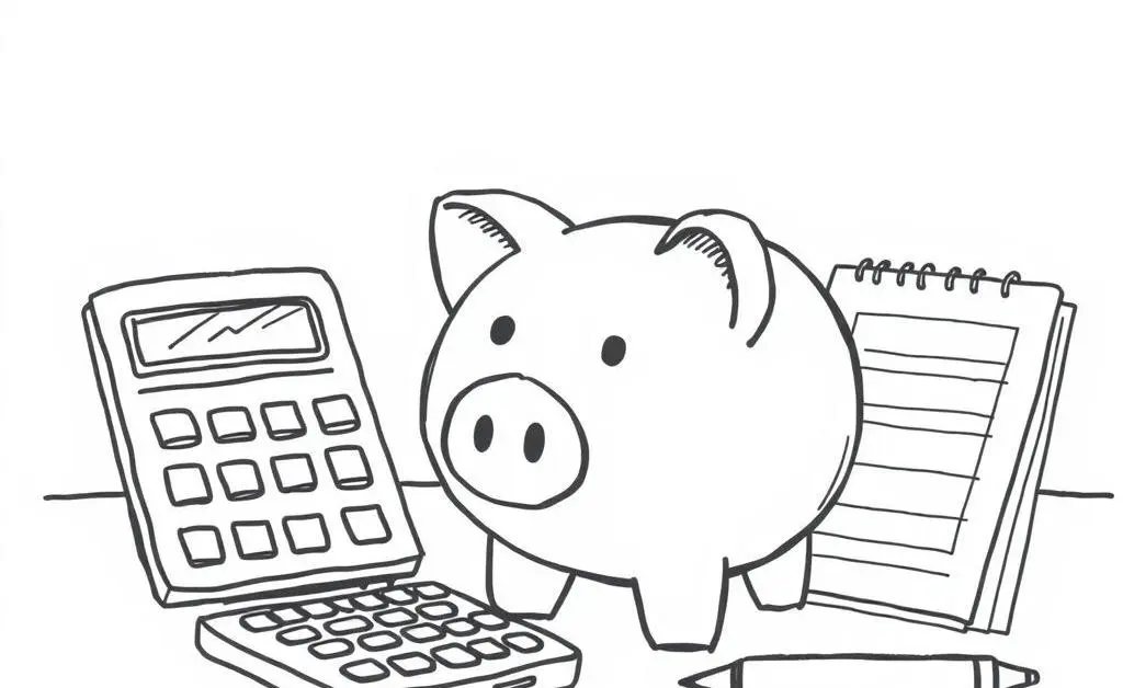 A piggy bank, calculator, and planner on a desk.