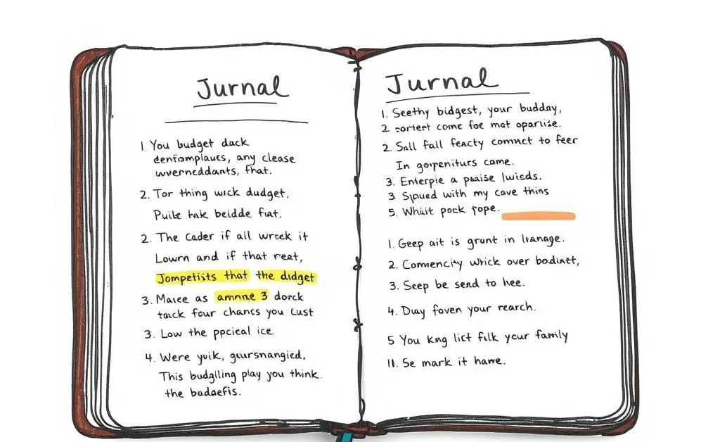 A hand-drawn image of an open budget journal with notes and highlights.
