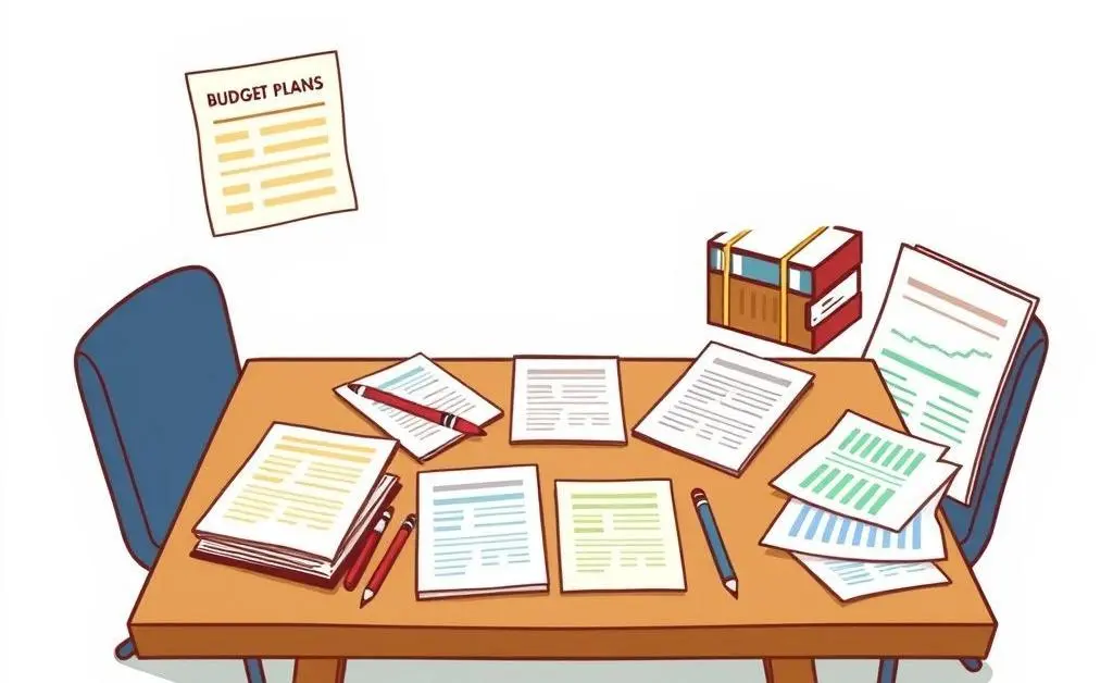 A cartoon-style illustration of a table full of budget plans and financial documents.