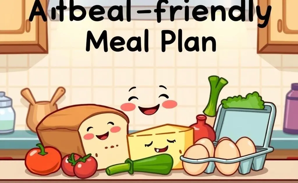 A cartoon-style image of a simple, budget-friendly meal plan displayed on a kitchen counter.