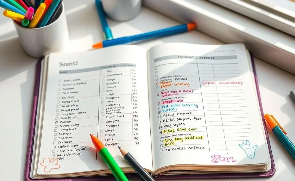 An open budget planner notebook with colorful pens and a list of personal expenses, including a section for medical insurance.