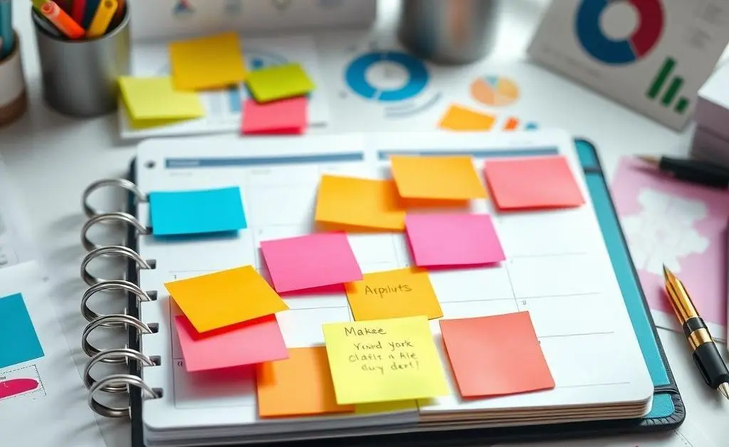 An organized planner with colorful sticky notes and charts.