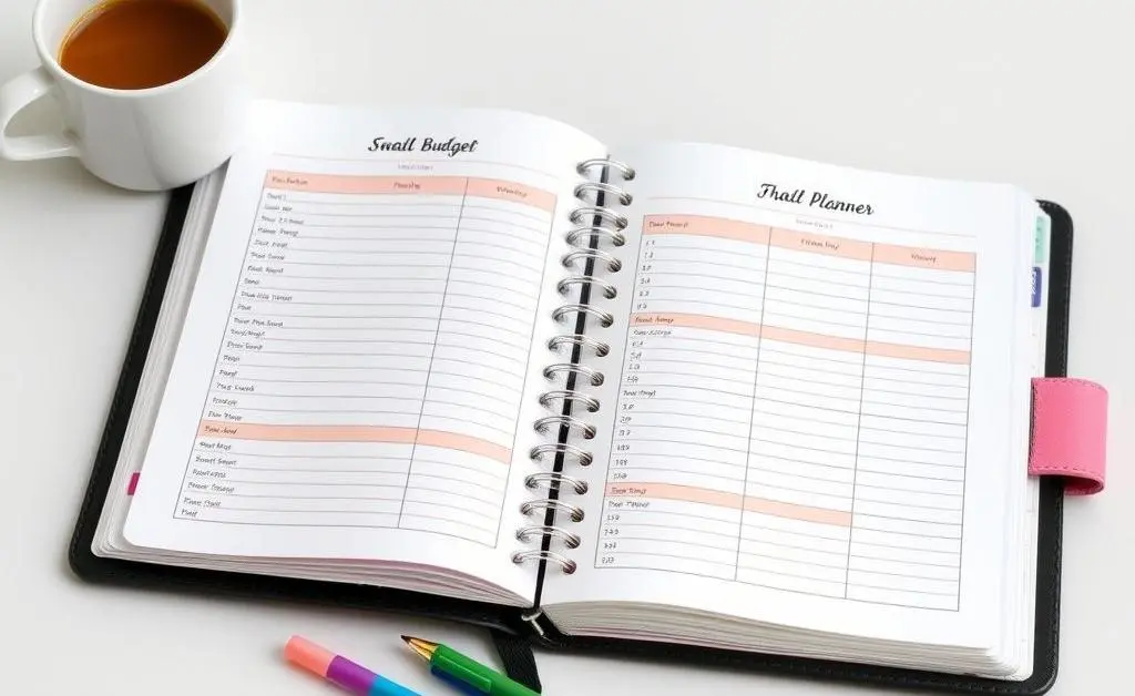 A personal budget planner open on a table.