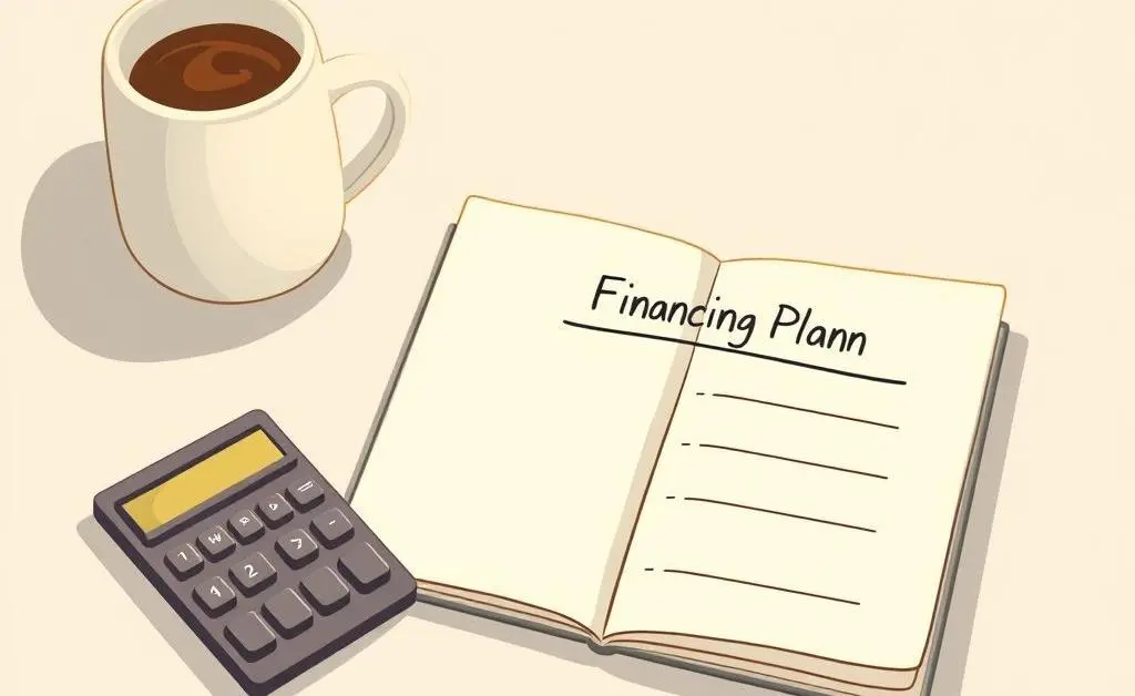 A cozy desk scene with a notepad showing a budget, a calculator, and a cup of coffee.