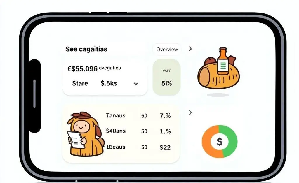 A cartoon-style budgeting app overview on a smartphone screen.