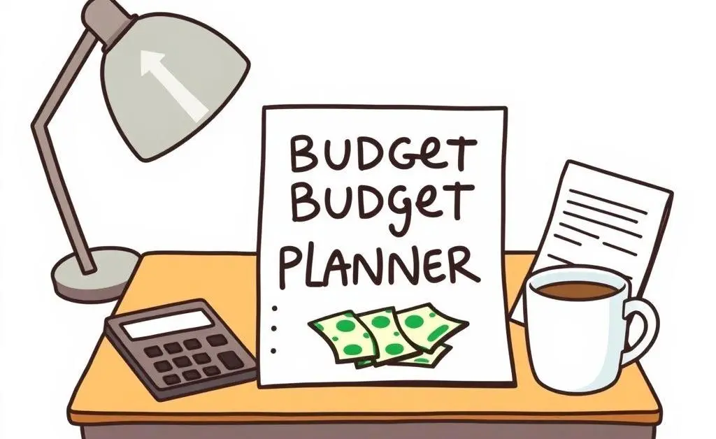 A cartoon drawing of a budget planner on a desk with money, a calculator, and a coffee cup.