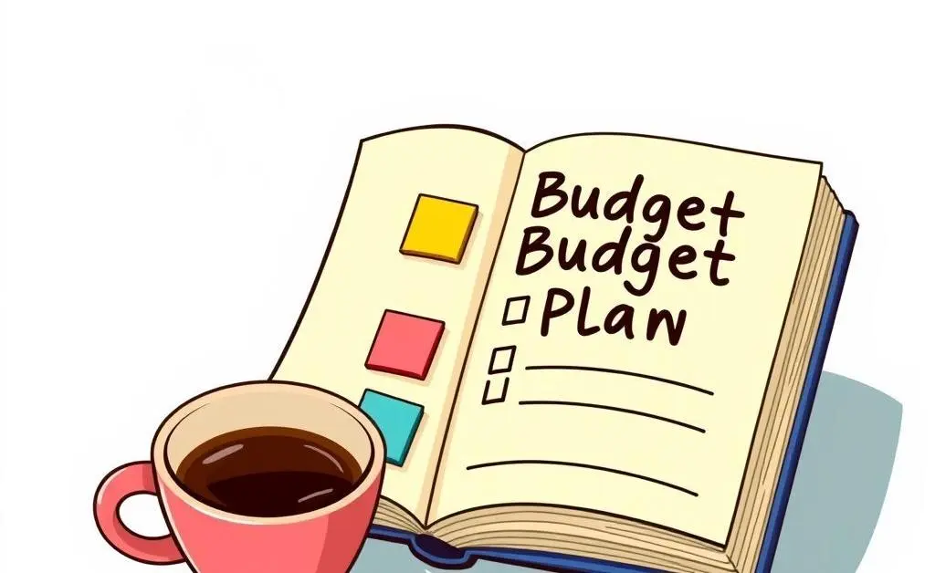 Notebook with a checklist titled 'Budget Plan' next to a cup of coffee.