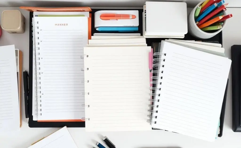 A tidy desk with a planner, laptop, and documents indicating organized handling of finances and insurance.