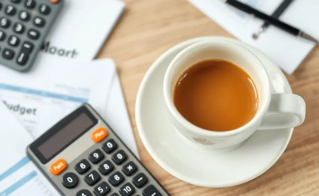 A desk with a budget plan, calculator, and a cup of coffee showing personal finance management