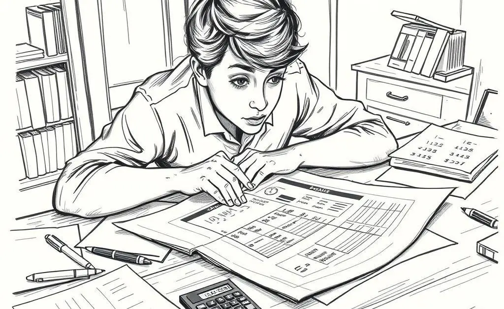 Hand-drawn illustration of a person looking at a budget planning sheet on a table.
