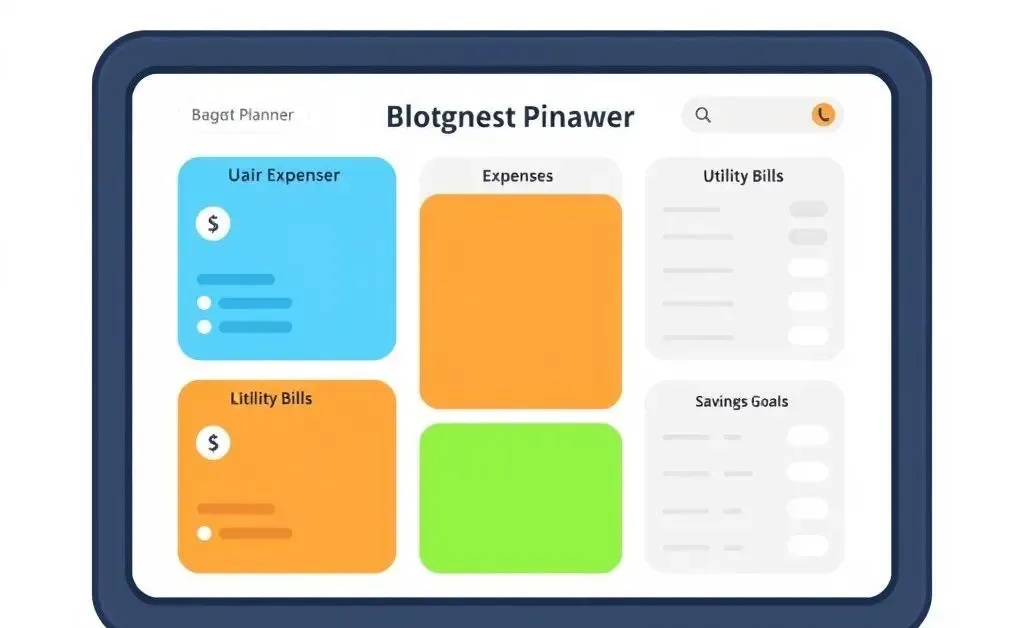 Minimalist cartoon-style image of a budget planner with colorful sections for expenses, bills, and savings