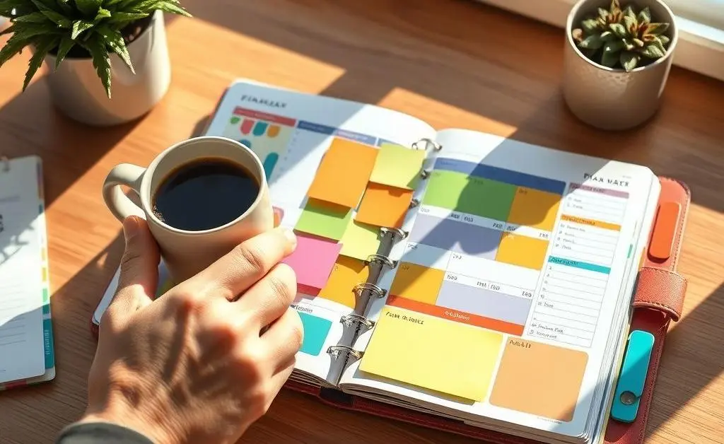 Hand holding an organized budget planner on a desk with coffee.