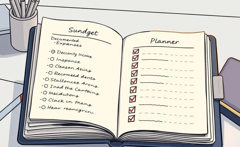 An artistic drawing of a budget planner with lists and checkmarks