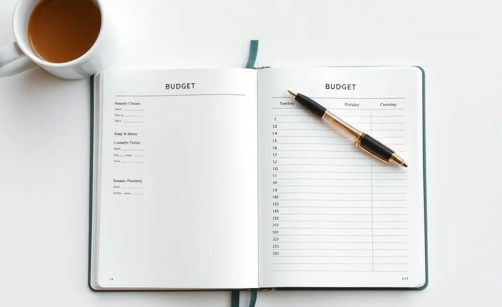 A minimalist image of a desktop with an open budget planner, pen, and coffee mug.