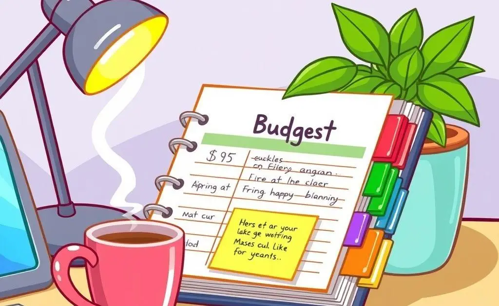 A cartoon of a budget planner with colorful tabs and notes surrounded by a coffee cup and a potted plant.