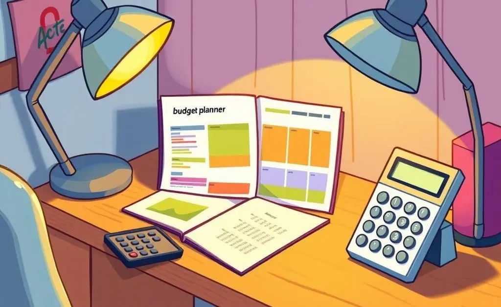 A cartoon with a desk setup showing a budget planner and a calculator.