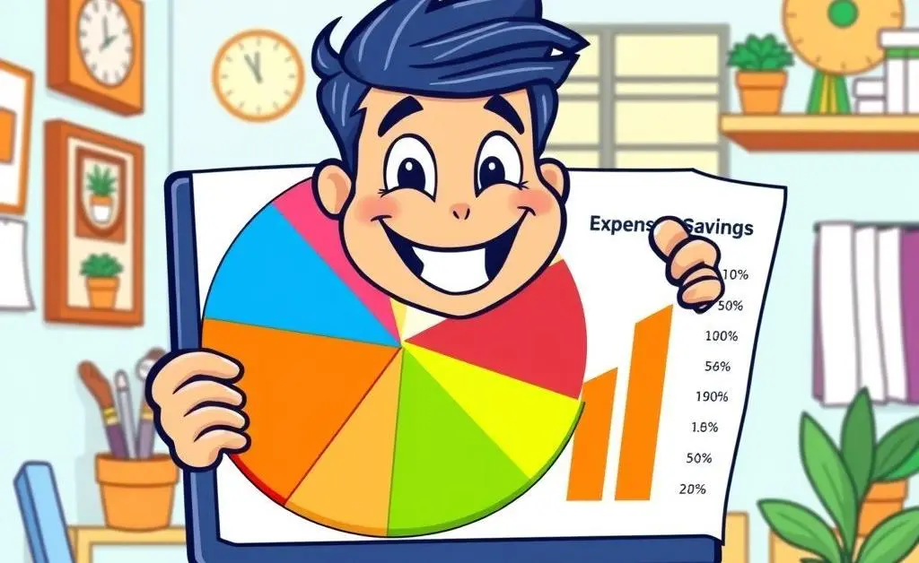 Cartoon-style illustration of a budget planner with expenses and savings chart.