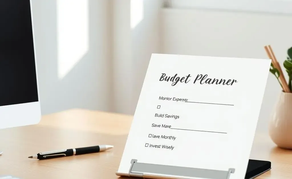A minimalist checklist on a desk, titled 'Budget Planner' with items like 'Track Expenses,' 'Save Monthly,' and 'Invest Wisely.'