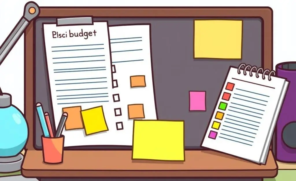 Desk with a budget planner checklist and colorful sticky notes.