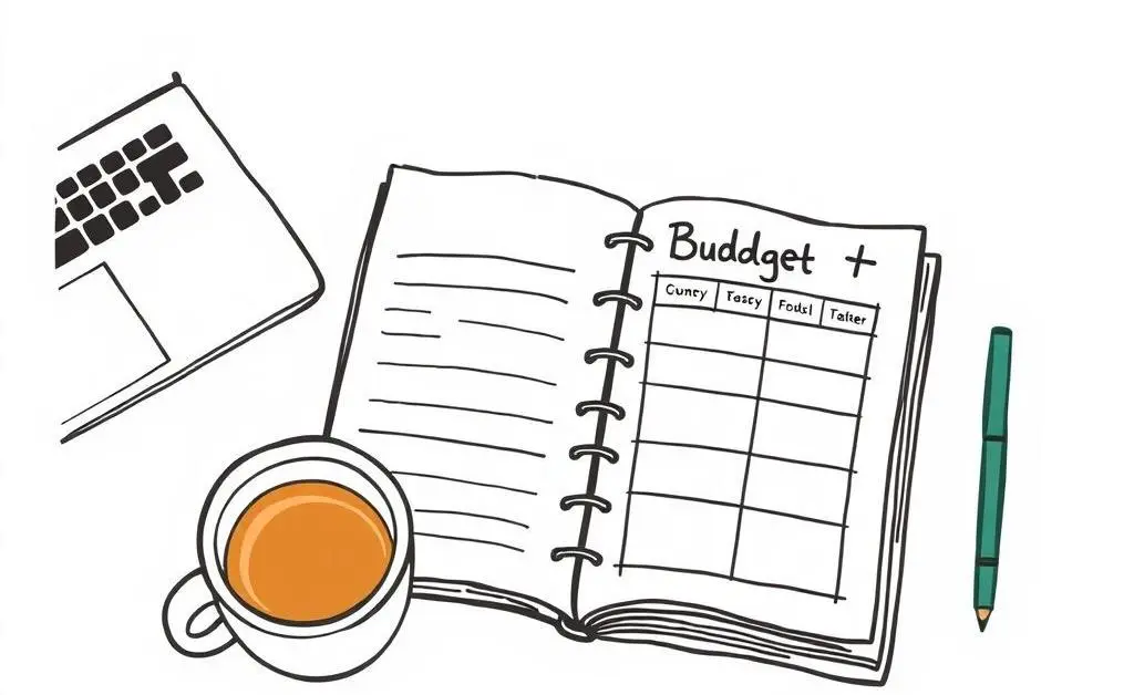 A desk with a budget planner, laptop, and tea cup